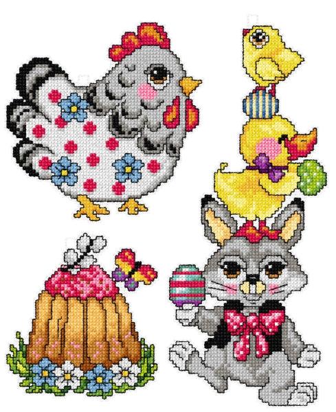 Counted cross stitch kit featuring three Easter designs with plastic canvas and DMC cotton threads.